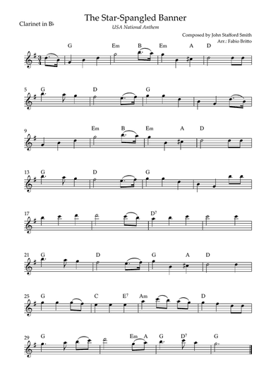 The Star Spangled Banner (USA National Anthem) for Clarinet in Bb Solo with Chords (F Major)