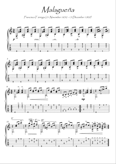 Malaguena by Tarrega guitar solo with tab