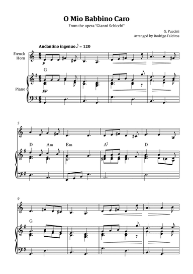 O Mio Babbino Caro - for french horn solo (with piano accompaniment and chords)