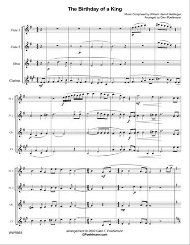 THE BIRTHDAY OF A KING - WOODWIND QUARTET (2 Flutes, Oboe & Clarinet) unaccompanied