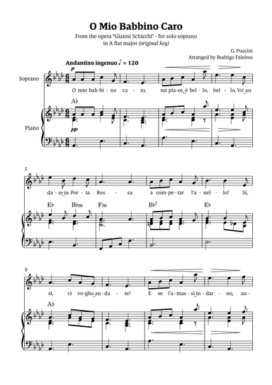 O Mio Babbino Caro - for soprano (in A flat major)