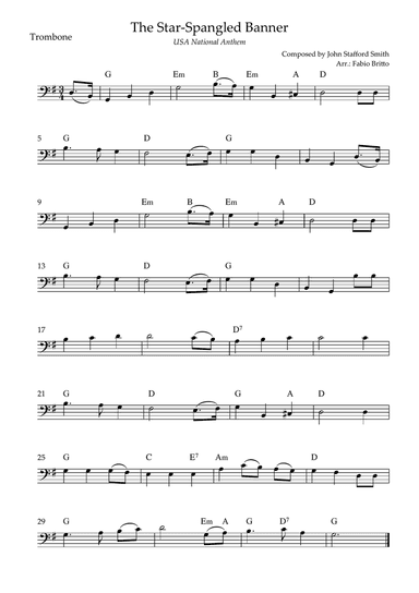 The Star Spangled Banner (USA National Anthem) for Trombone Solo with Chords (G Major)