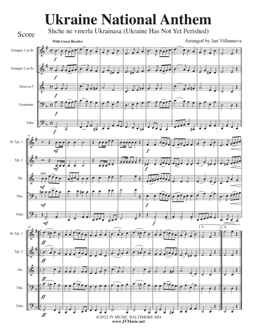 Ukraine National Anthem for Brass Quintet
