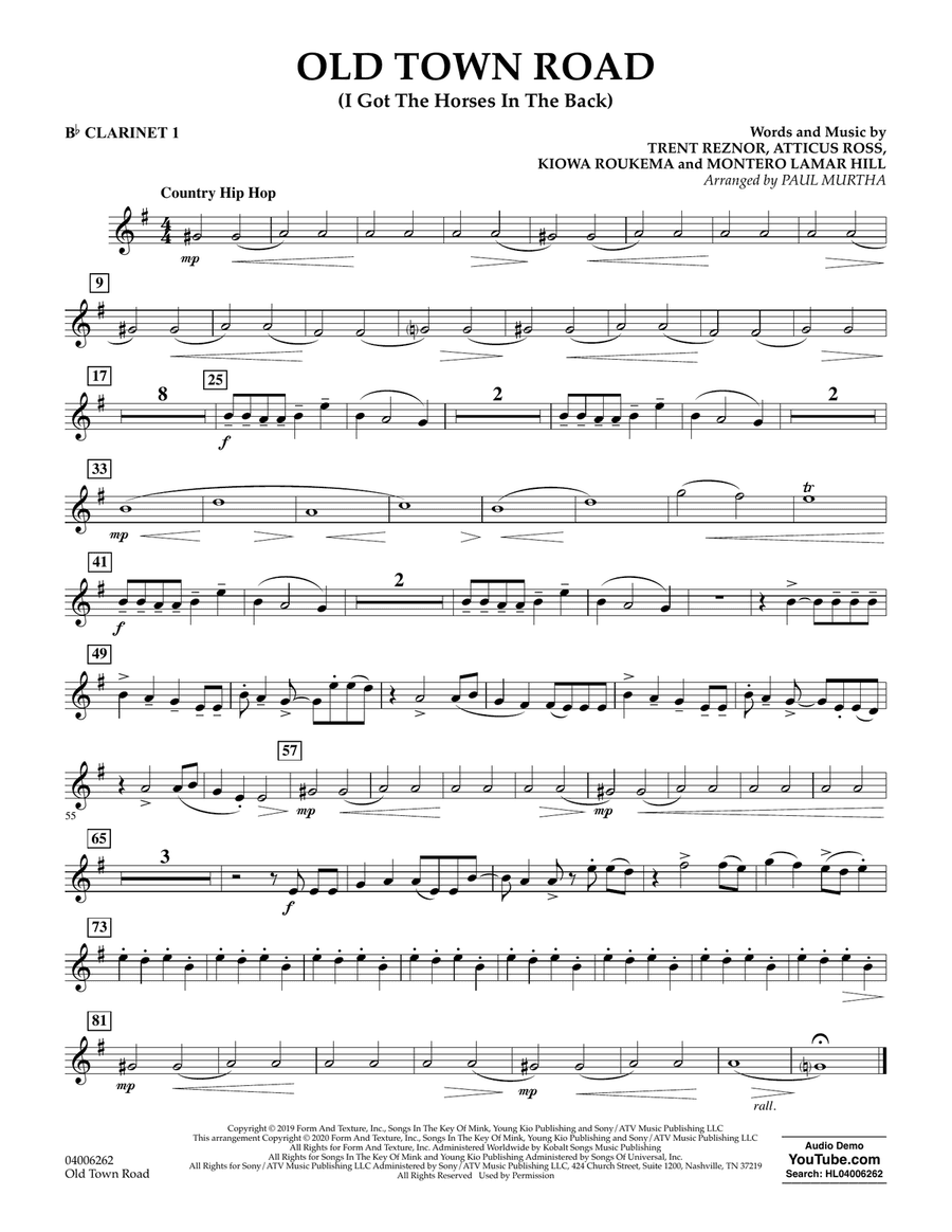 Old Town Road (arr. Paul Murtha) - Bb Clarinet 1