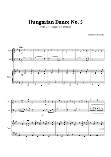 Hungarian Dance No. 5 by Brahms for Violin and Cello Duet with Piano