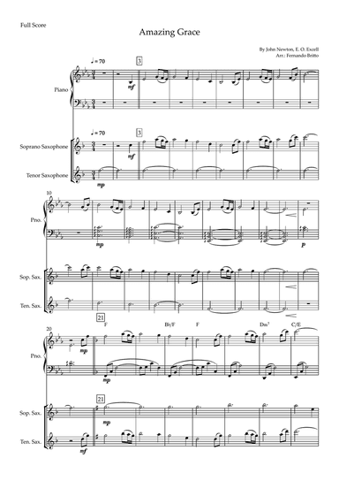 Amazing Grace for Soprano Saxophone & Tenor Saxophone Duo and Piano Accompaniment with Chords