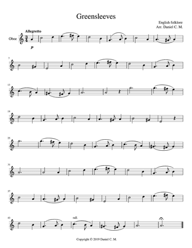 Greensleeves for oboe and piano (easy)