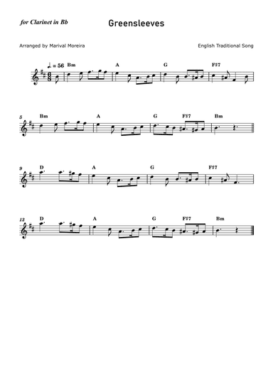 Greensleeves - Clarinet in Bb solo (with chords)