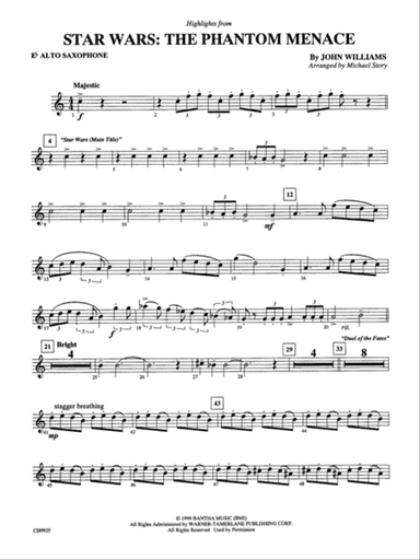 Highlights from Star Wars: Episode I The Phantom Menace: E-flat Alto Saxophone