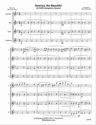 AMERICA THE BEAUTIFUL arranged for SAXOPHONE QUARTET (SATB or AATB)