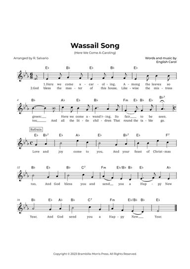 Wassail Song (Here We Come A-Caroling) - Key of E-Flat Major