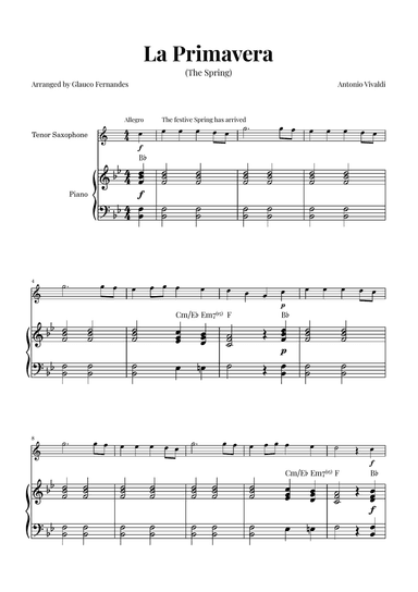 La Primavera (The Spring) by Vivaldi - Tenor Saxophone and Piano with Chord Notations