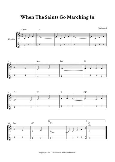 When The Saints Go Marching In - For Ukulele (C Major with TAB)