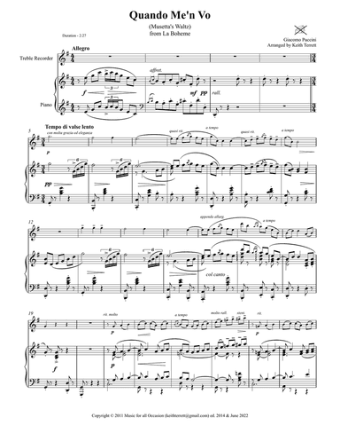 Quando Me'n Vo for Treble Recorder & Piano