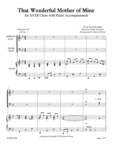 That Wonderful Mother of Mine (for SATB choir with Piano Accompaniment)