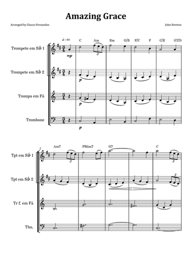 Amazing Grace - Brass Quartet with Chord Notation