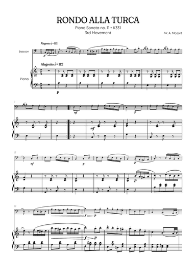Rondo Alla Turca (Turkish March) • bassoon sheet music with piano accompaniment