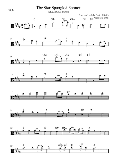 The Star Spangled Banner (USA National Anthem) for Viola Solo with Chords (B Major)