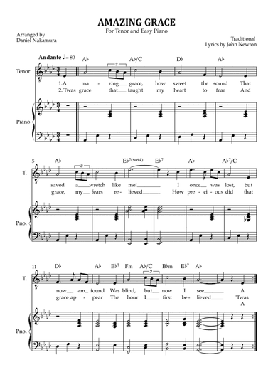 Amazing Grace (for tenor vocal with easy piano)
