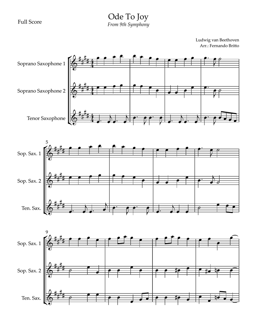 Ode To Joy Theme (from Beethoven's 9th Symphony) for Saxophone Trio