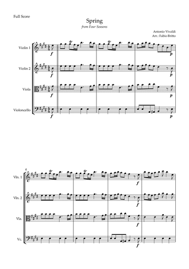 Spring (from Four Seasons of Antonio Vivaldi) for String Quartet