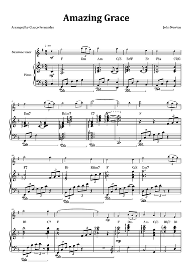 Amazing Grace - Tenor Saxophone & Piano with Chord Notation