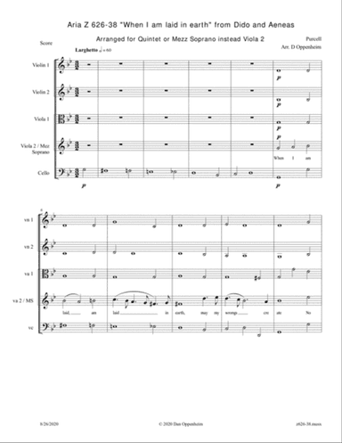Purcell: Aria Z 626 "When I am laid in earth" from Dido and Aeneas; Arranged for 2-Viola Quintet. Op