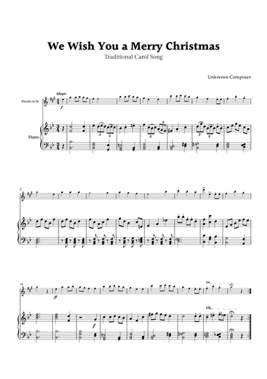 We Wish you a Merry Christmas for D- Flat Piccolo and Piano