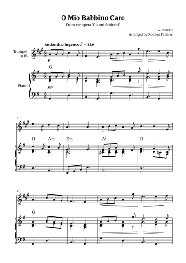 O Mio Babbino Caro - for trumpet solo (with piano accompaniment and chords)