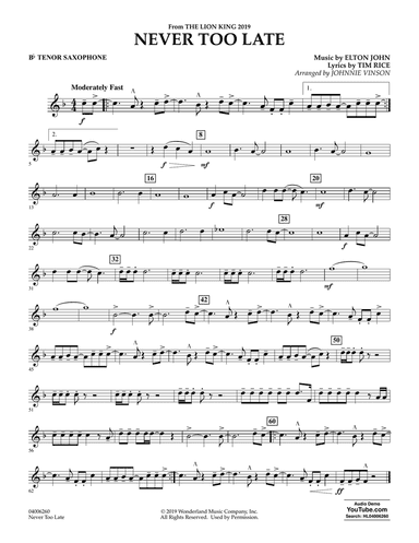 Never Too Late (from The Lion King 2019) (arr. Johnnie Vinson) - Bb Tenor Saxophone