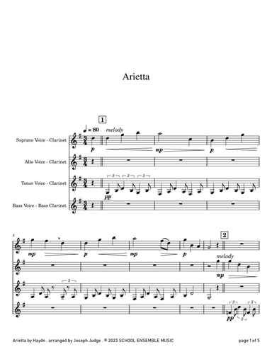 Arietta by Haydn for Clarinet Quartet in Schools