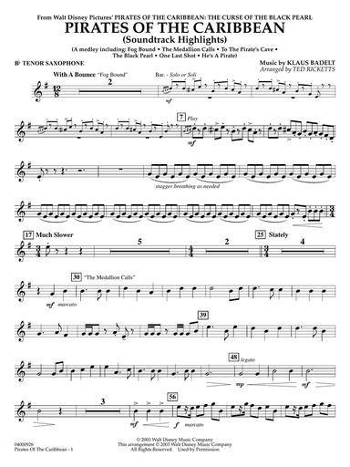 Pirates of the Caribbean (Soundtrack Highlights) (arr. Ted Ricketts) - Bb Tenor Saxophone