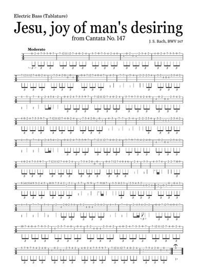 JESU, JOY OF MAN'S DESIRING by Bach - easy version for Electric Bass (Tablature) and piano with chor