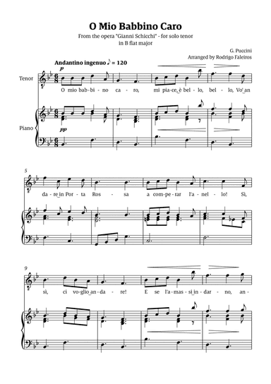 O Mio Babbino Caro - for tenor (in B flat major)
