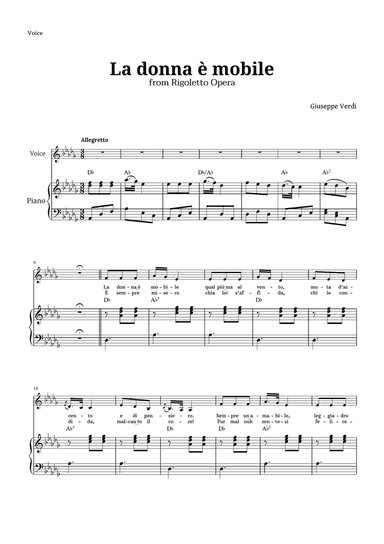La donna è mobile in D-flat major for Voice and Piano