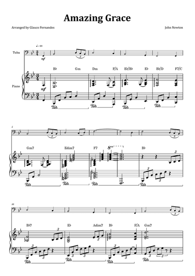 Amazing Grace - Tuba & Piano with Chord Notation