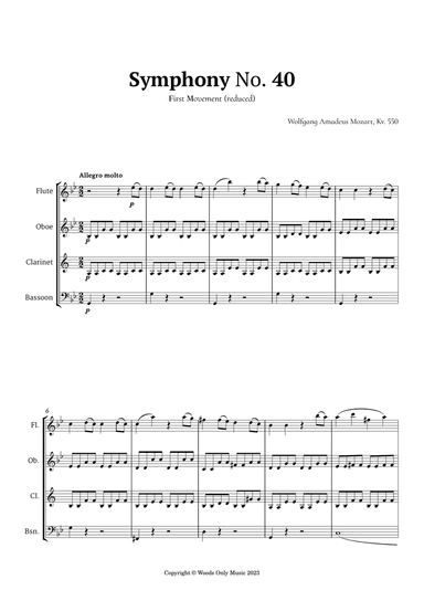 Symphony No. 40 by Mozart for Woodwind Quartet