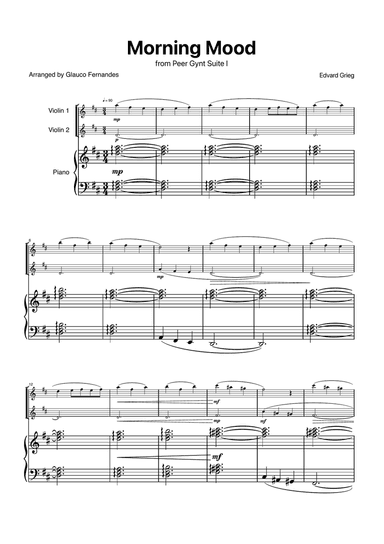 Morning Mood by Grieg for Violin Duet with Piano