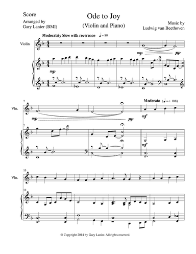 ODE TO JOY (Violin Piano and Violin Part) Joyful, Joyful, We Adore Thee