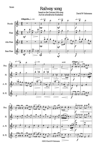 Railway Song (Auf de schwäb'sche Eisebahne) for piccolo, flute, alto flute and bass flute