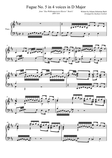 Fugue No. 5 BWV 850 in D Major