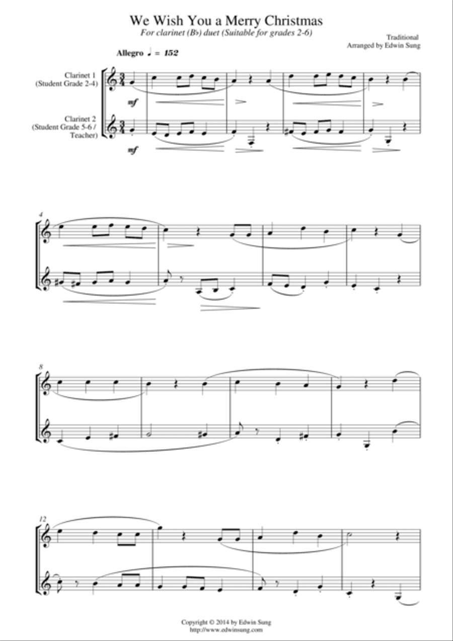 We Wish You A Merry Christmas (for clarinet (Bb) duet, suitable for grades 2-6)