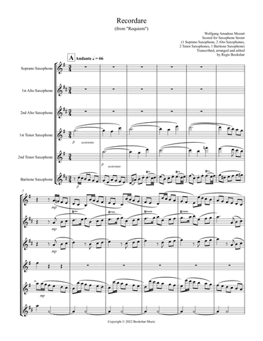Recordare (from "Requiem") (F) (Saxophone Sextet - 1 Sop, 2 Alto, 2 Ten, 1 Bari)